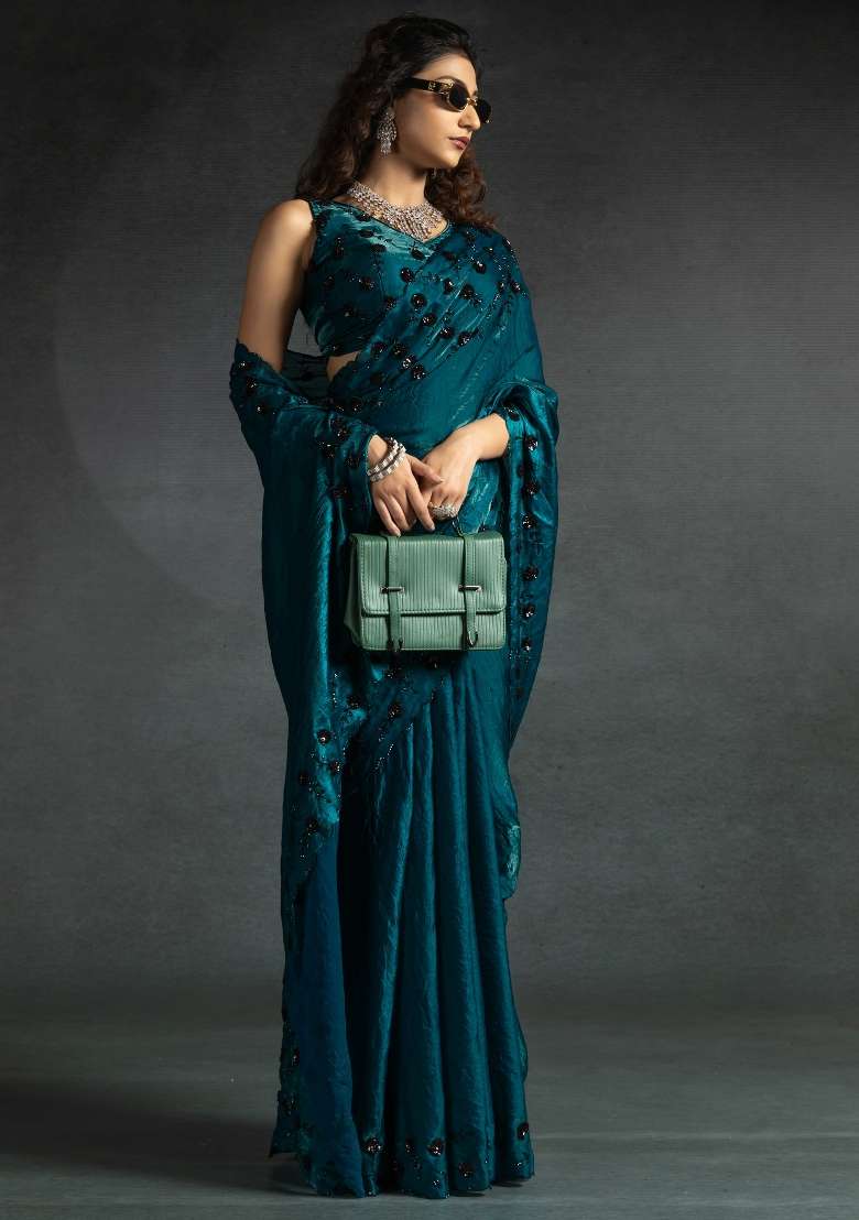 Teal Blue Printed Satin Silk Blend Saree Set for Diwali and Festive Wear - Indya