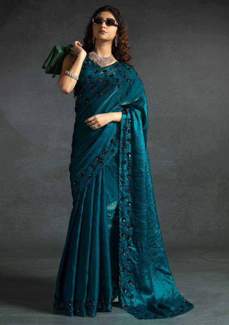 Teal Blue Printed Satin Silk Blend Saree Set for Diwali and Festive Wear - Indya