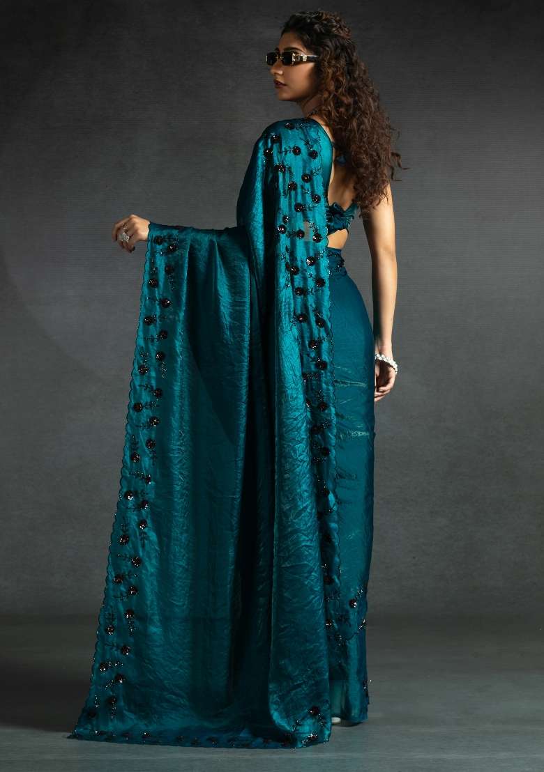 Teal Blue Printed Satin Silk Blend Saree Set for Diwali and Festive Wear - Indya