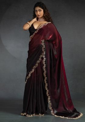 Burgundy Printed Satin Silk Blend Saree Set
