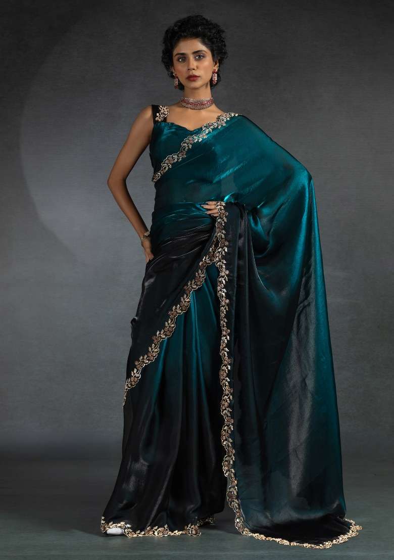Teal Blue Printed Satin Silk Blend Saree Set - Indya