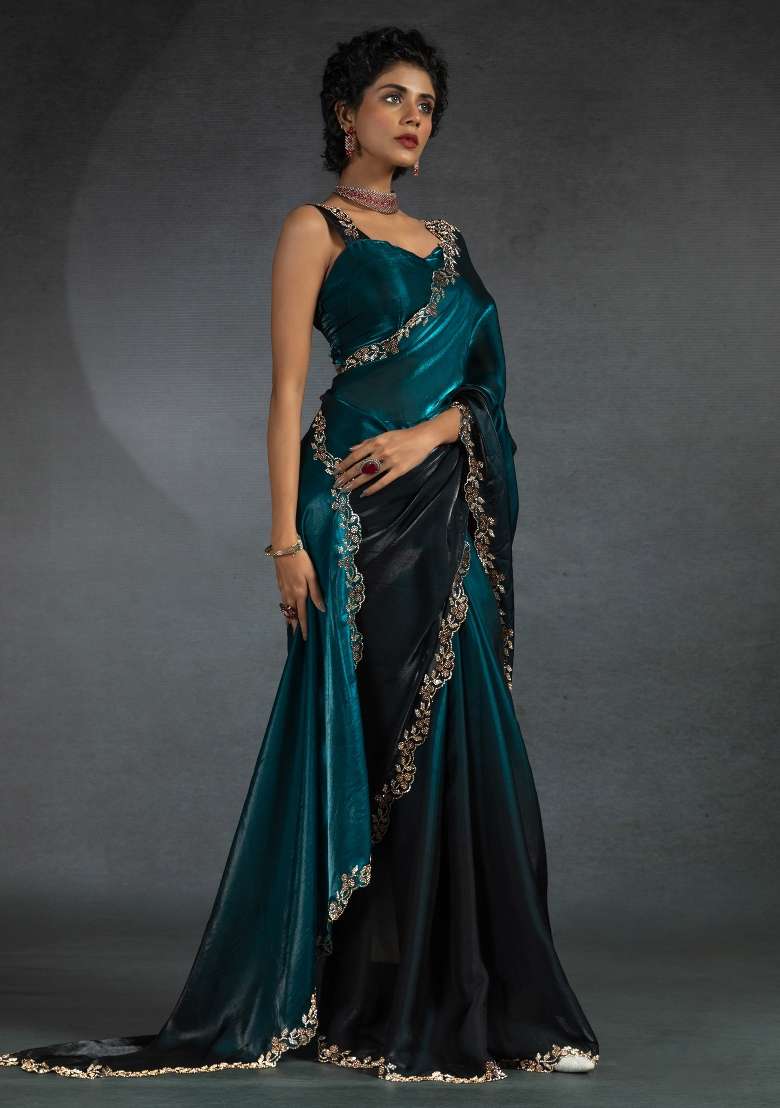 Teal Blue Printed Satin Silk Blend Saree Set - Indya