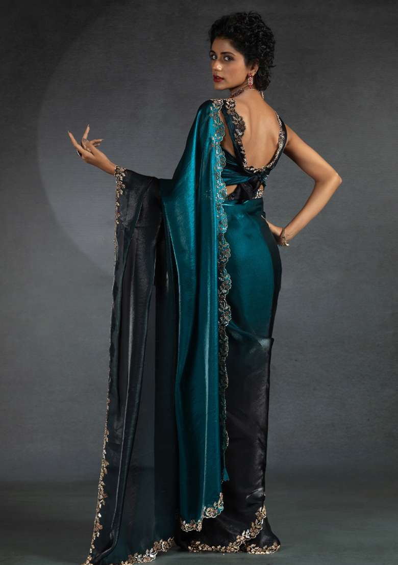 Teal Blue Printed Satin Silk Blend Saree Set - Indya