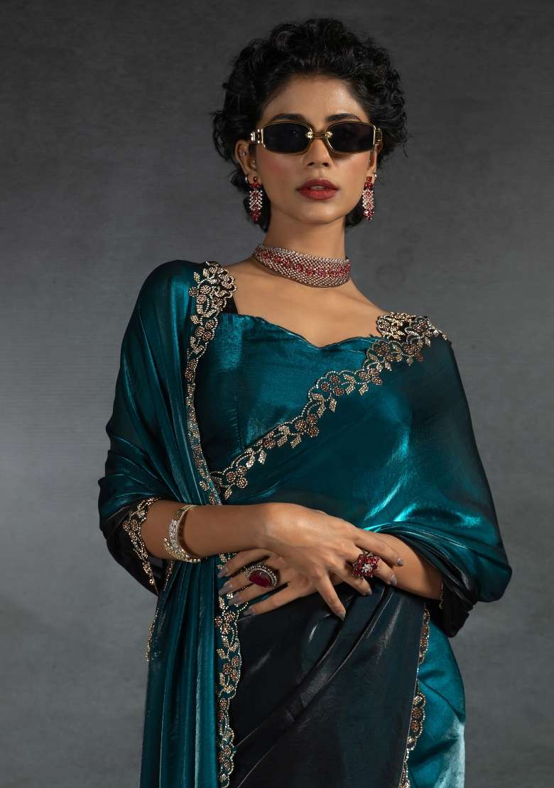 Teal Blue Printed Satin Silk Blend Saree Set - Indya