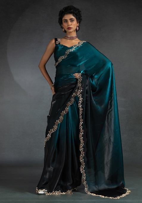 Teal Blue Printed Satin Silk Saree Set — view on Indya
