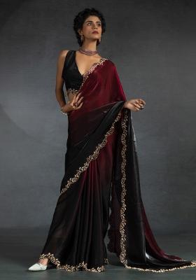 Maroon Printed Satin Silk Blend Saree Set