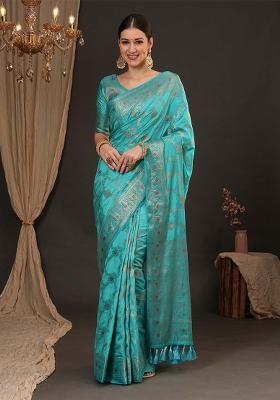 Light Blue Printed Dola Silk Saree Set