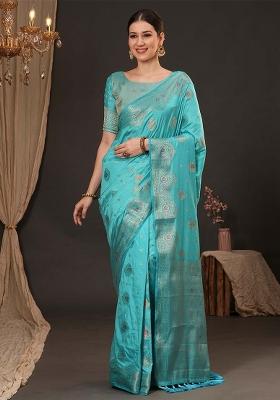 Light Blue Printed Dola Silk Saree Set