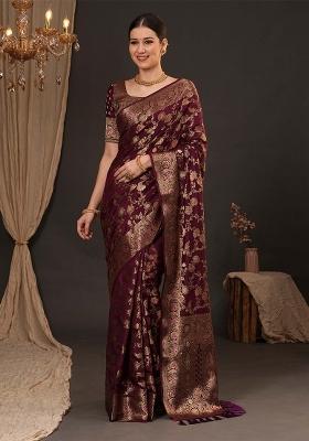 Maroon Printed Dola Silk Saree Set