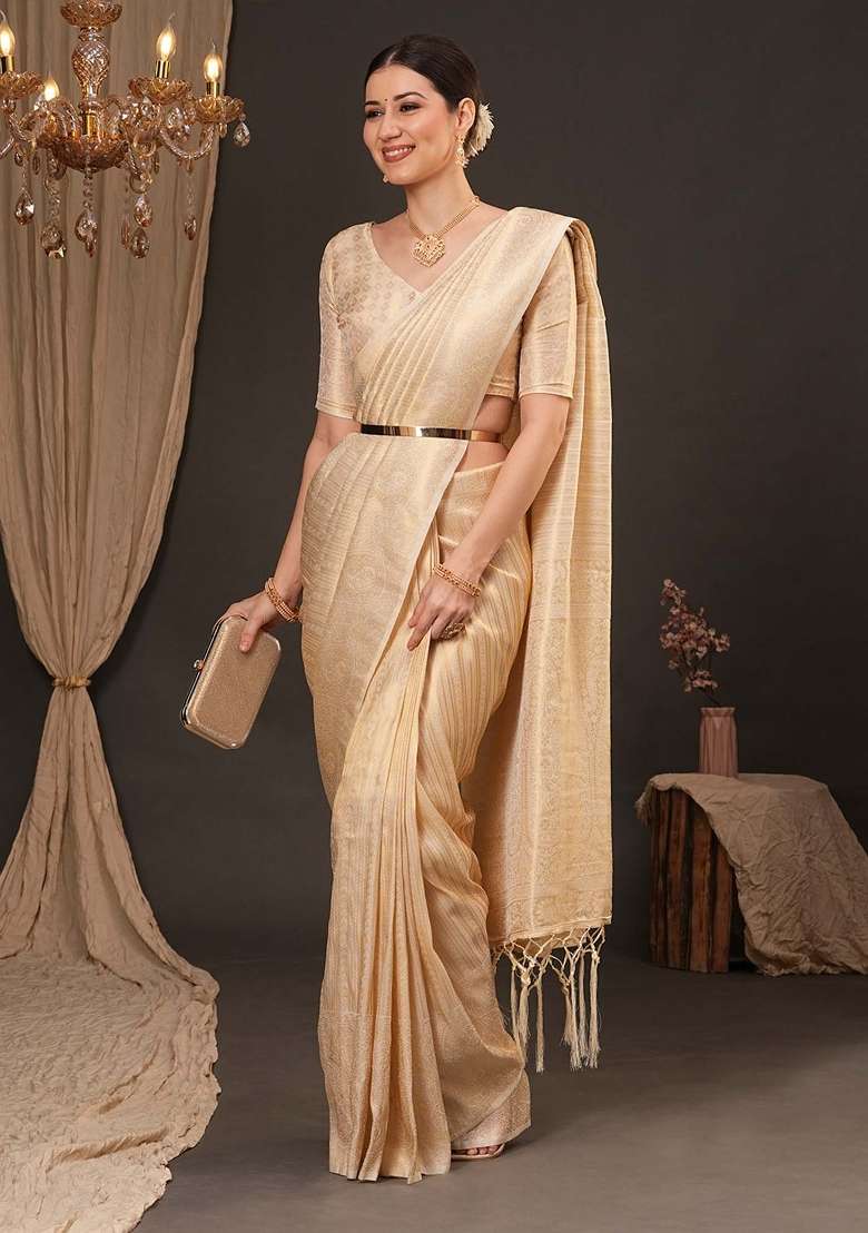 Cream Silk Blend Saree Set with Printed for Diwali | Wedding & Festive Wear - Indya