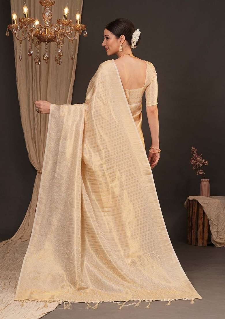 Cream Silk Blend Saree Set with Printed for Diwali | Wedding & Festive Wear - Indya