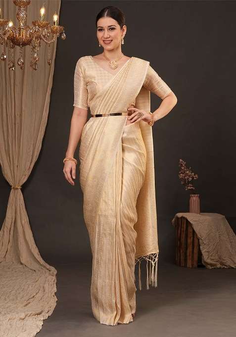 Cream Silk Blend Saree Set with Printed for Diwali | Wedding & Festive Wear