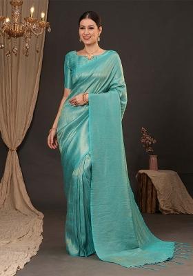 Light Blue Printed Silk Blend Saree Set