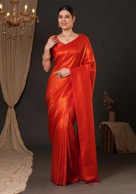 Orange Printed Silk Blend Saree Set