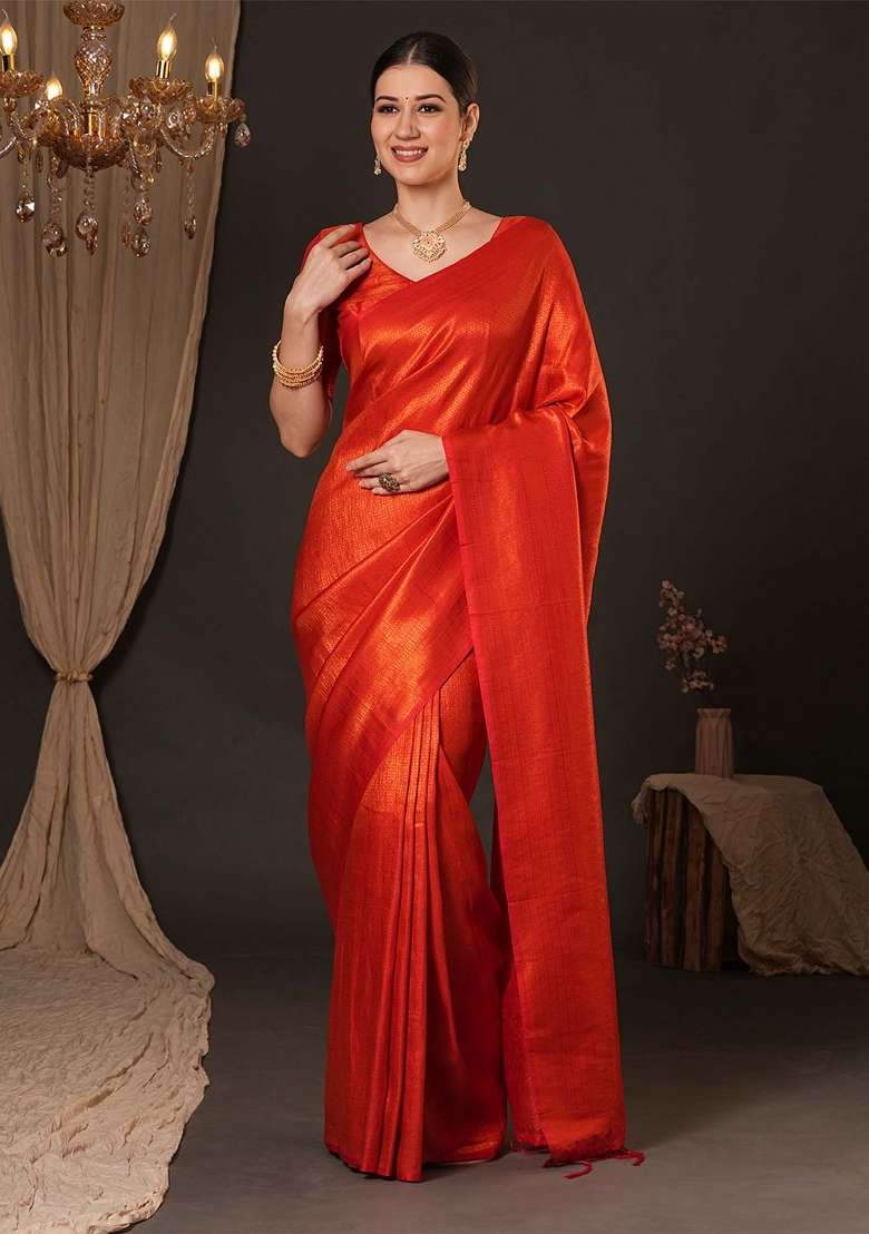 Orange Printed Silk Blend Saree Set for Diwali and Festive Wear - Indya