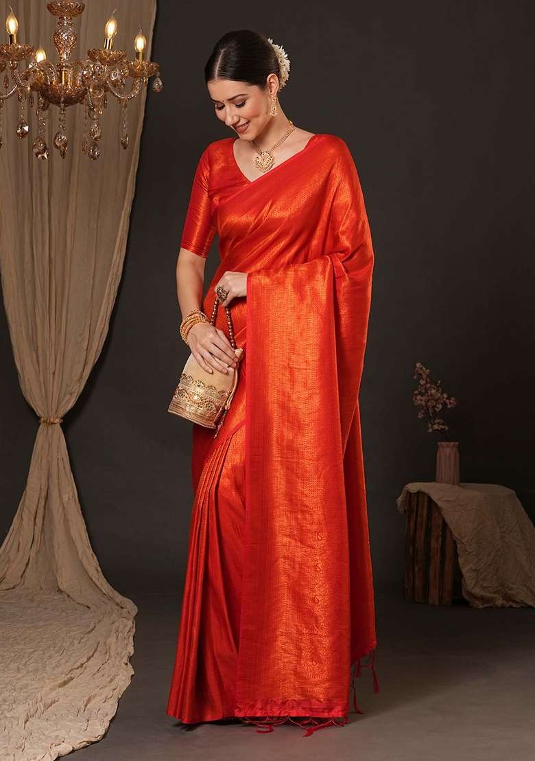 Orange Printed Silk Blend Saree Set for Diwali and Festive Wear - Indya
