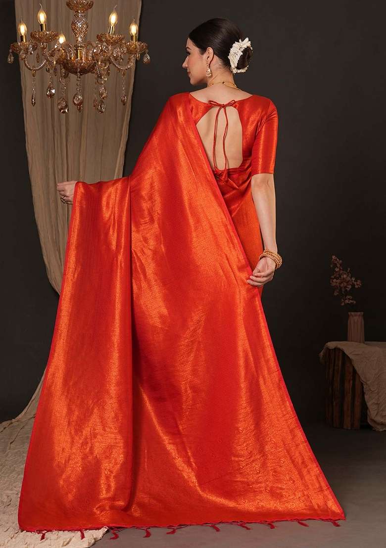 Orange Printed Silk Blend Saree Set for Diwali and Festive Wear - Indya