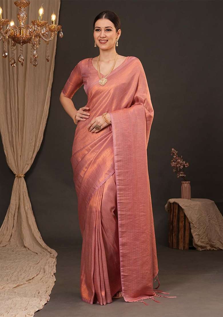 Peach Silk Blend Saree Set with Printed for Diwali | Wedding & Festive Wear - Indya