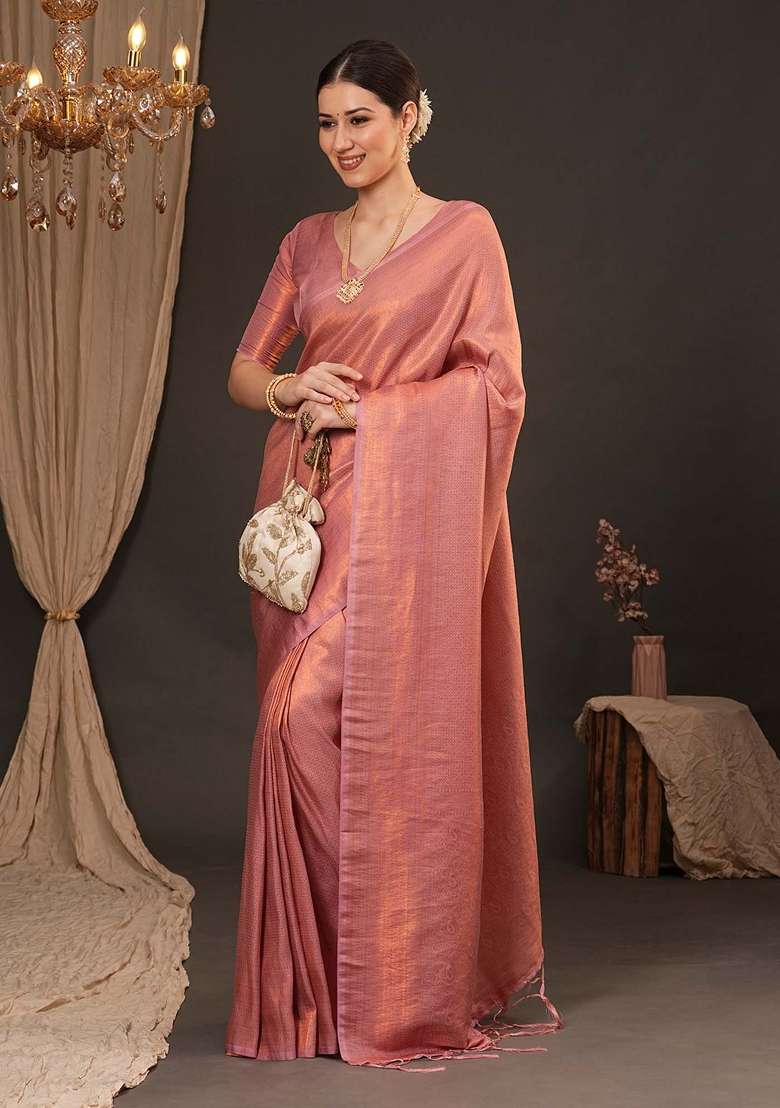 Peach Silk Blend Saree Set with Printed for Diwali | Wedding & Festive Wear - Indya