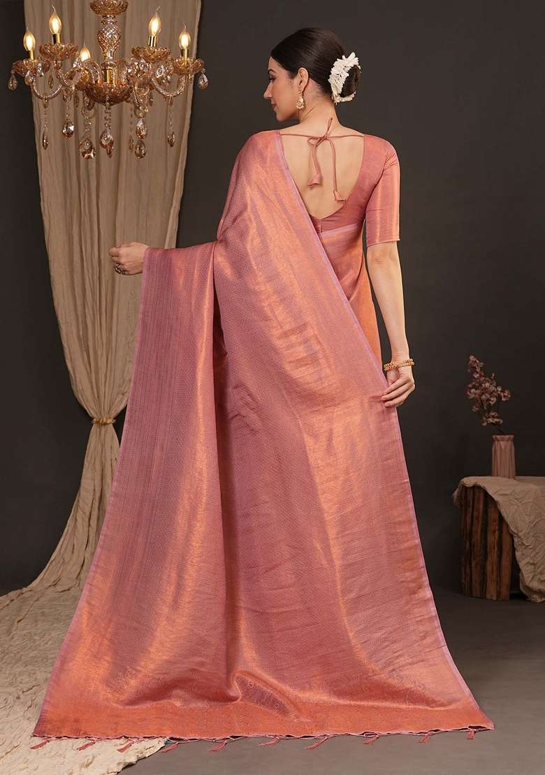 Peach Silk Blend Saree Set with Printed for Diwali | Wedding & Festive Wear - Indya