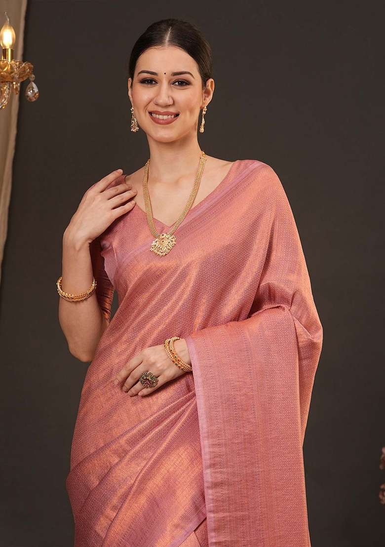 Peach Silk Blend Saree Set with Printed for Diwali | Wedding & Festive Wear - Indya