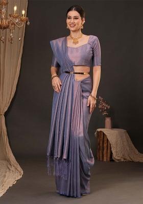 Lavender Printed Silk Blend Saree Set