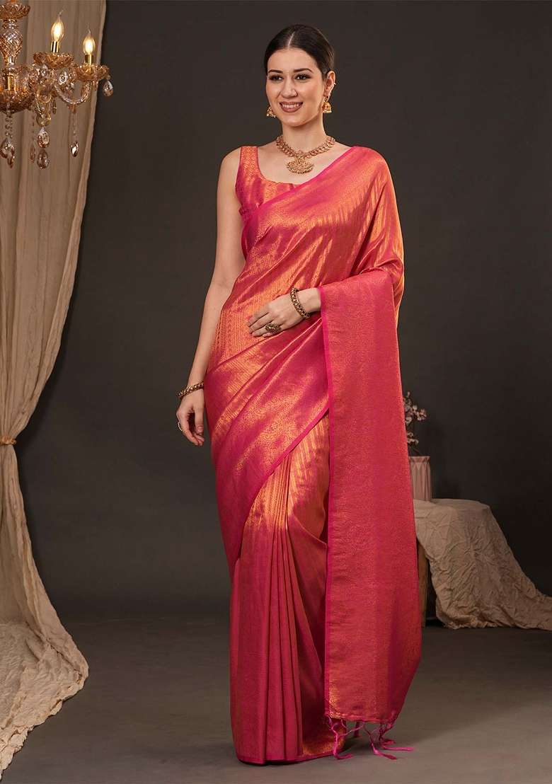 Orange Printed Silk Blend Saree Set - Indya