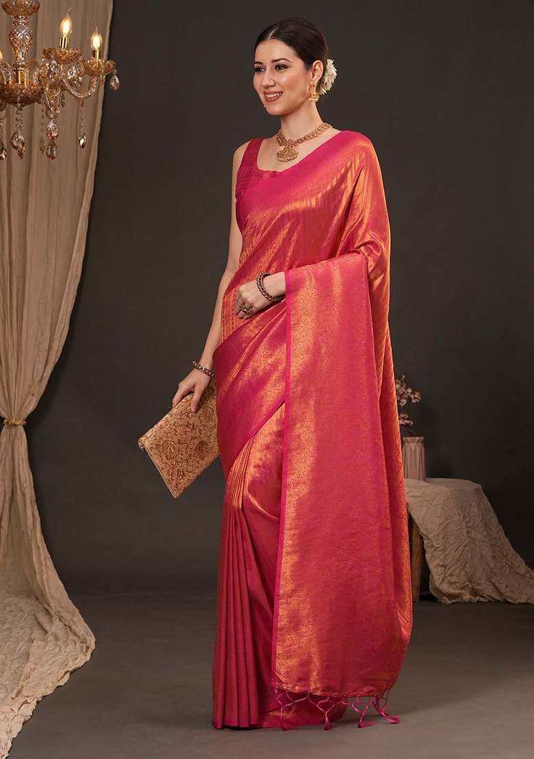 Orange Printed Silk Blend Saree Set - Indya