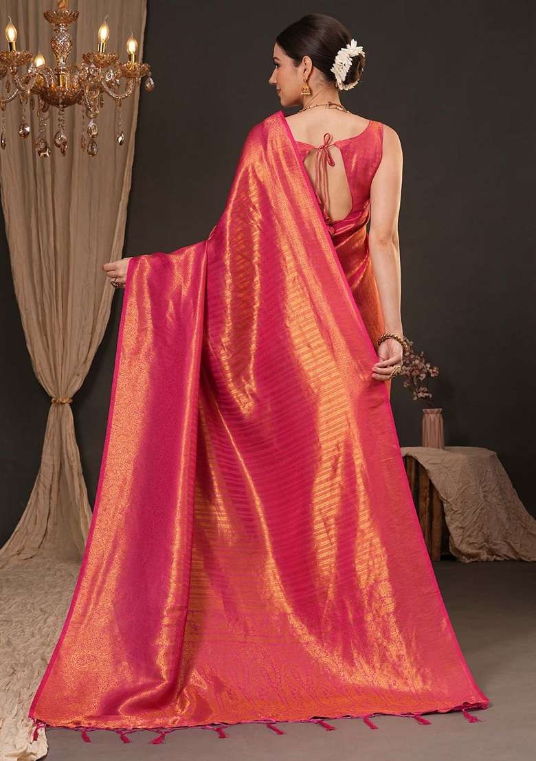Orange Printed Silk Blend Saree Set - Indya