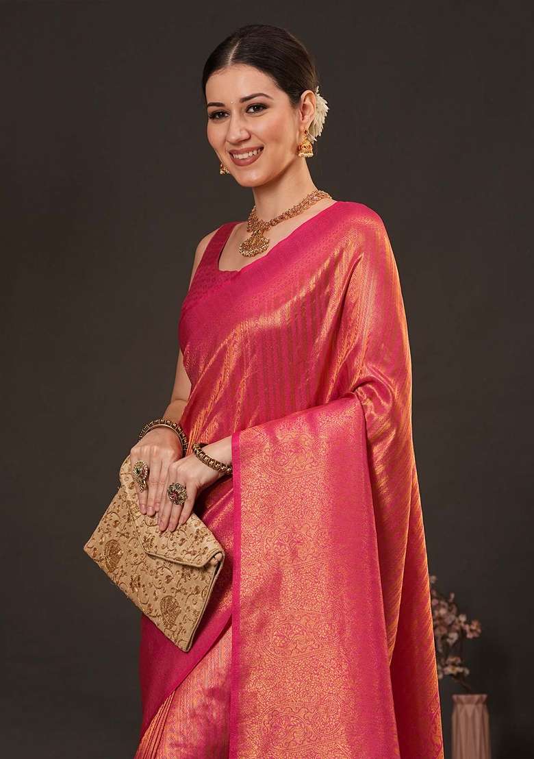 Orange Printed Silk Blend Saree Set - Indya