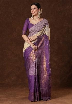 Purple Printed Cotton Blend Saree Set
