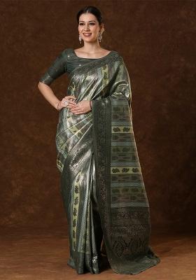 Olive Printed Banarasi Silk Blend Saree Set
