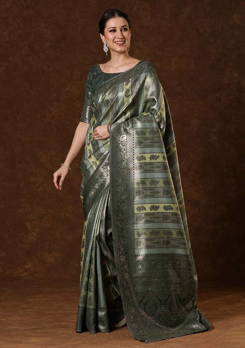 Olive Printed Banarasi Silk Blend Saree Set for Diwali and Festive Wear - Indya