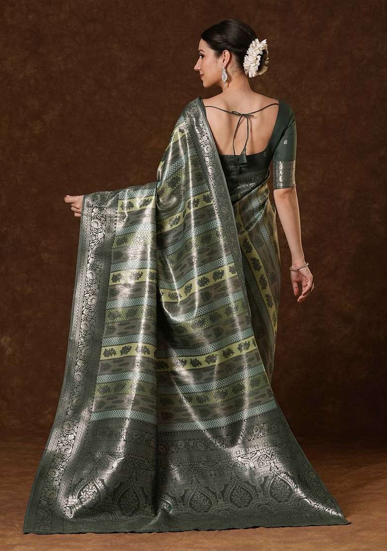 Olive Printed Banarasi Silk Blend Saree Set for Diwali and Festive Wear - Indya