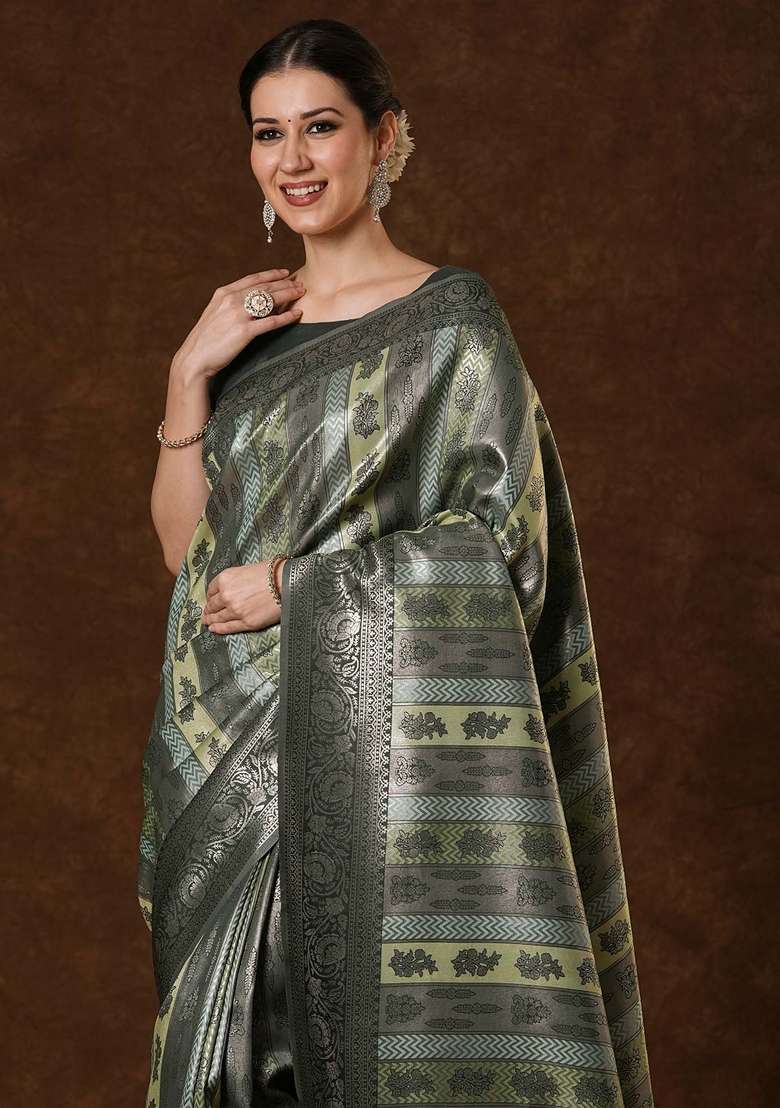 Olive Printed Banarasi Silk Blend Saree Set for Diwali and Festive Wear - Indya