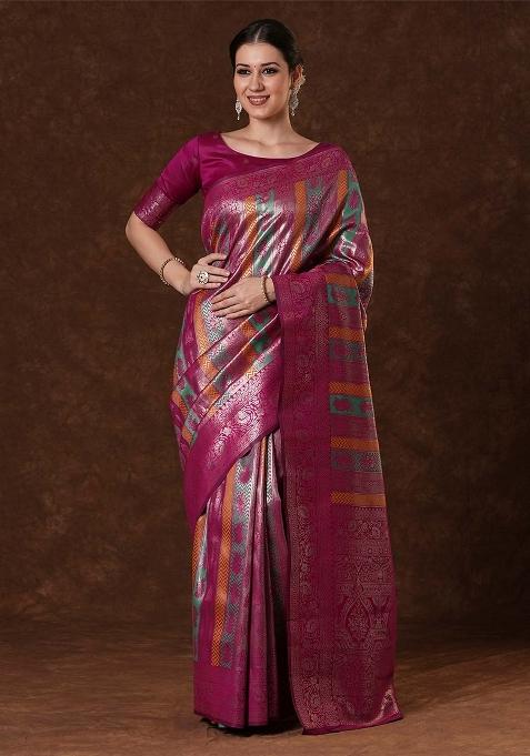 Pink Printed Banarasi Silk Saree Set — view on Indya