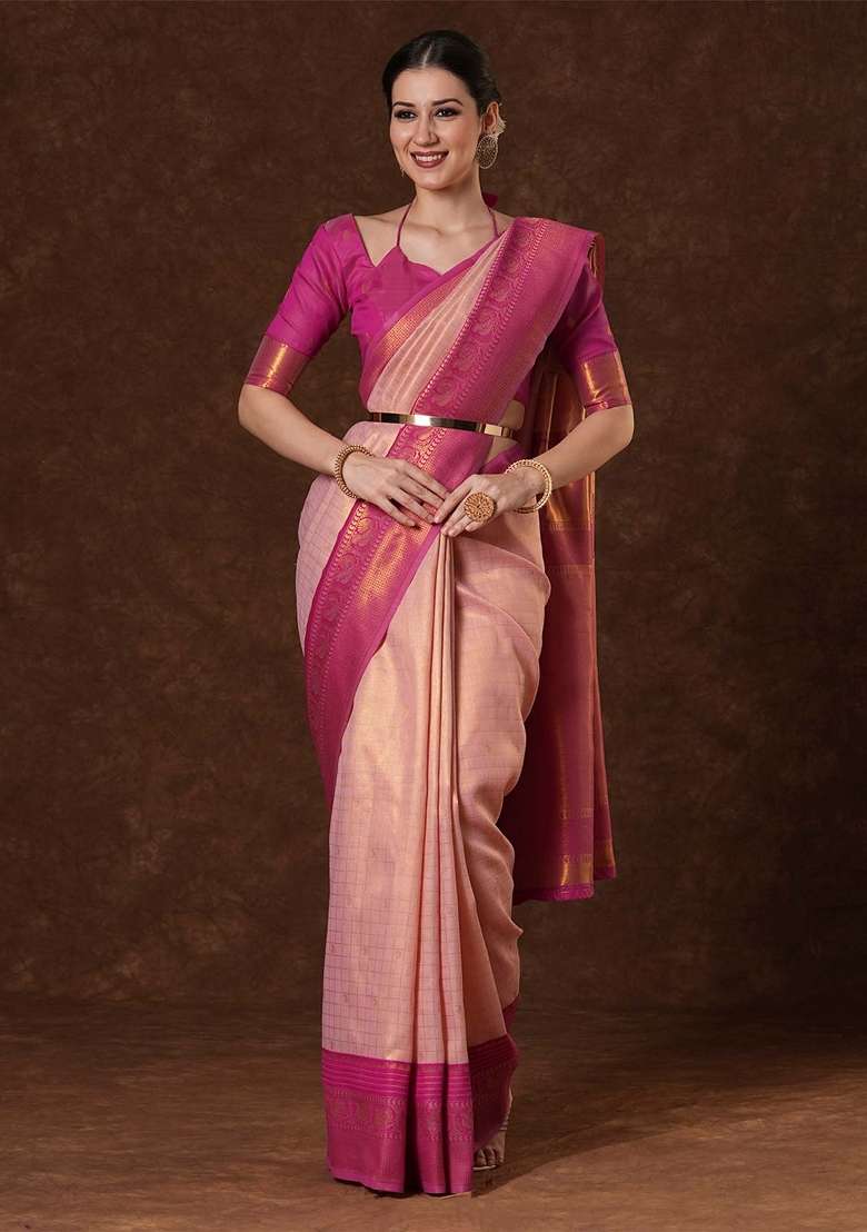 Peach Blend Banarasi Silk Saree Set with Printed for Diwali | Wedding & Festive Wear - Indya