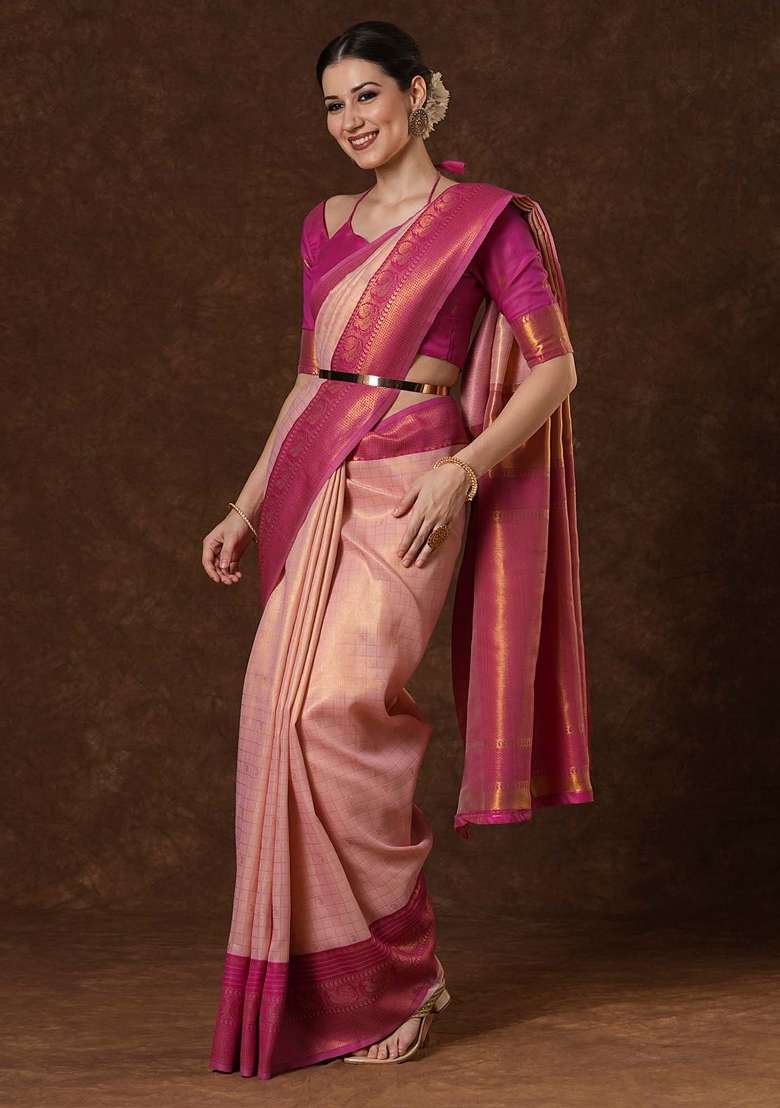 Peach Blend Banarasi Silk Saree Set with Printed for Diwali | Wedding & Festive Wear - Indya
