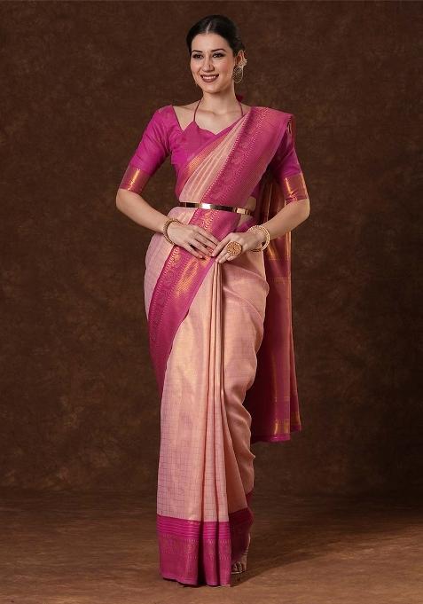Peach Printed Banarasi Silk Saree Set — view on Indya