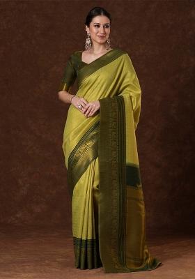 Light Green Printed Banarasi Silk Blend Saree Set