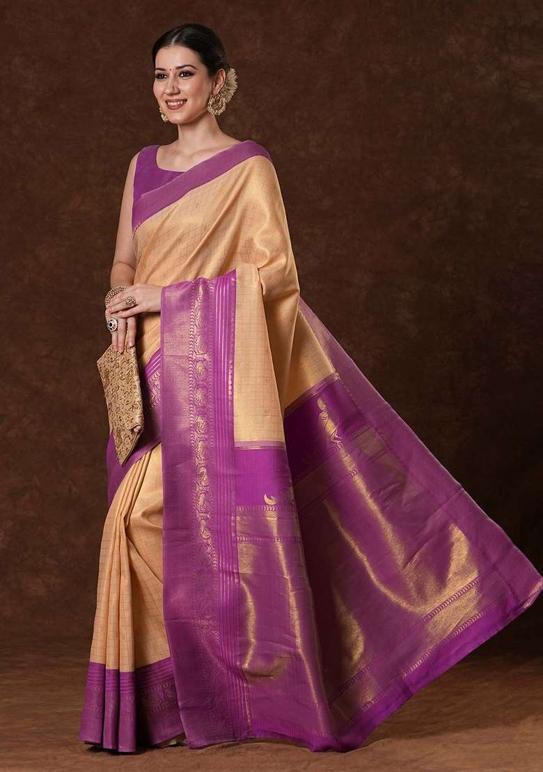 Peach Printed Banarasi Silk Blend Saree Set - Indya