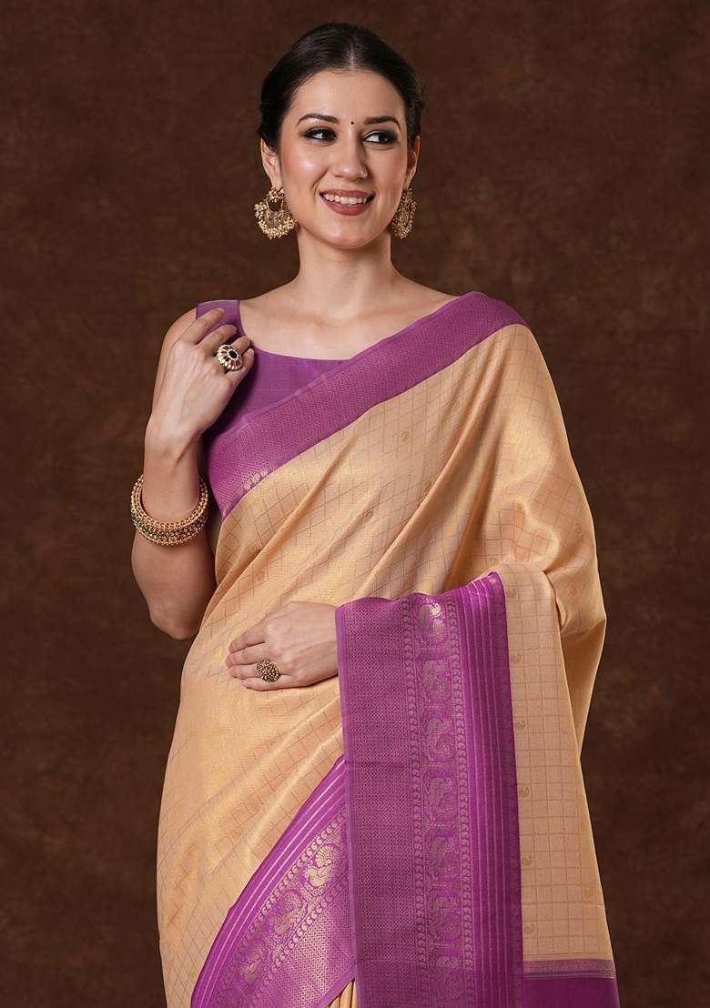 Peach Printed Banarasi Silk Blend Saree Set - Indya