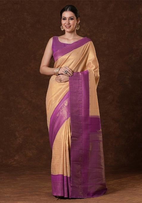 Peach Printed Banarasi Silk Saree Set — view on Indya