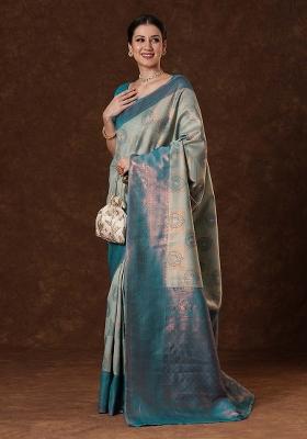 Light Blue Printed Banarasi Silk Saree Set