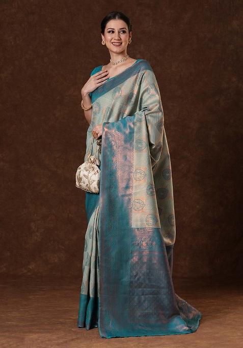 Light Blue Printed Banarasi Silk Saree Set — view on Indya