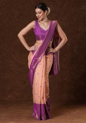 Peach Printed Cotton Blend Saree Set