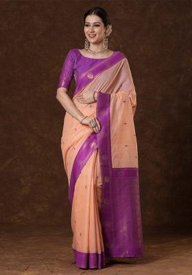 Peach Printed Cotton Blend Saree Set