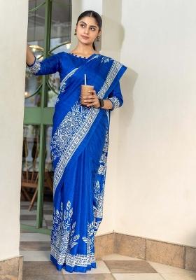 Navy Blue Printed Dola Silk Saree Set
