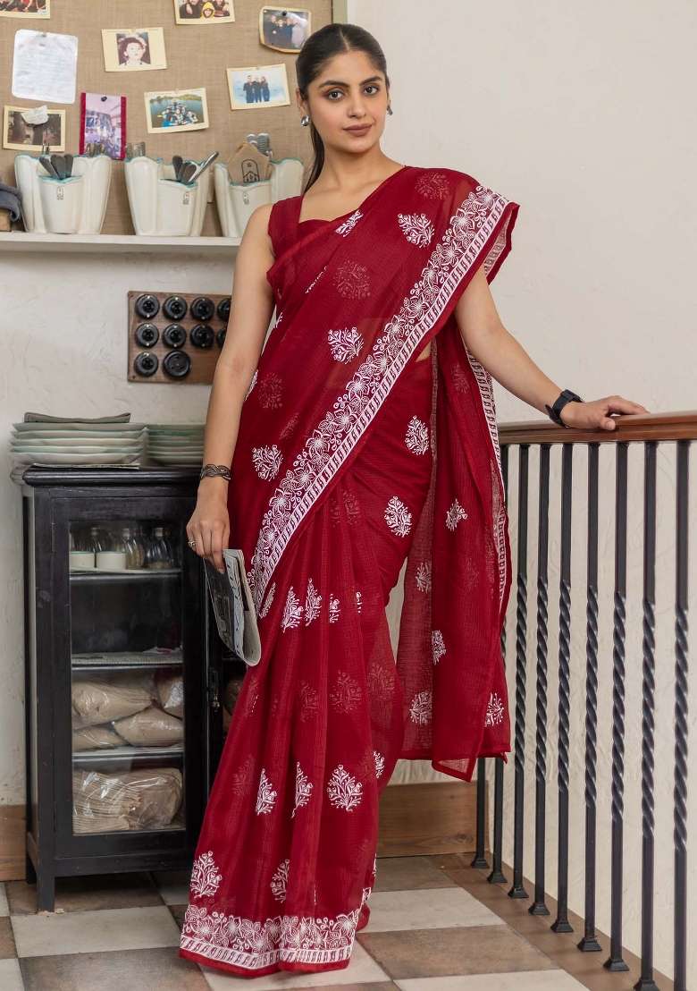 Red Printed Cotton Blend Saree Set for Diwali and Festive Wear - Indya
