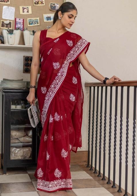 Red Printed Cotton Blend Saree Set — view on Indya